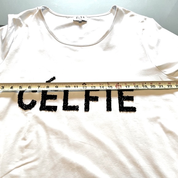 CÉLFIE in black beaded letters on white t-shirt Top - white stretchy fabric - Picture 8 of 14